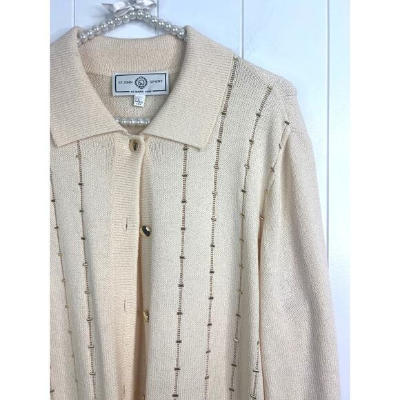 St John Sport Cream Knit Collared Button Down Cardigan with Gold Detailing SZ L - Picture 2 of 8